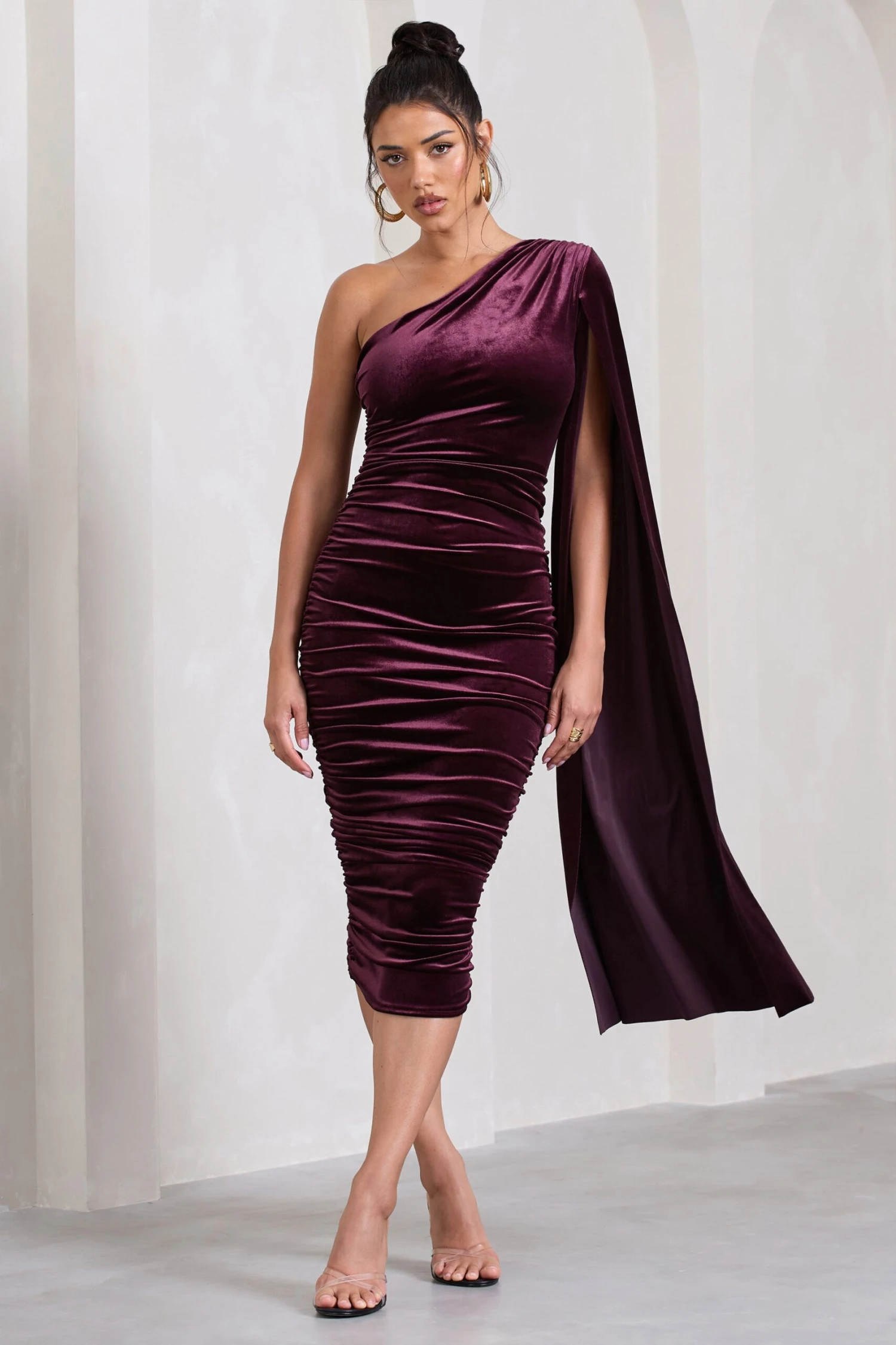 Gianna | Port Velvet One Shoulder Cape Bodycon Midi Dress 3 Gianna | Port Velvet One Shoulder Cape Bodycon Midi Dress