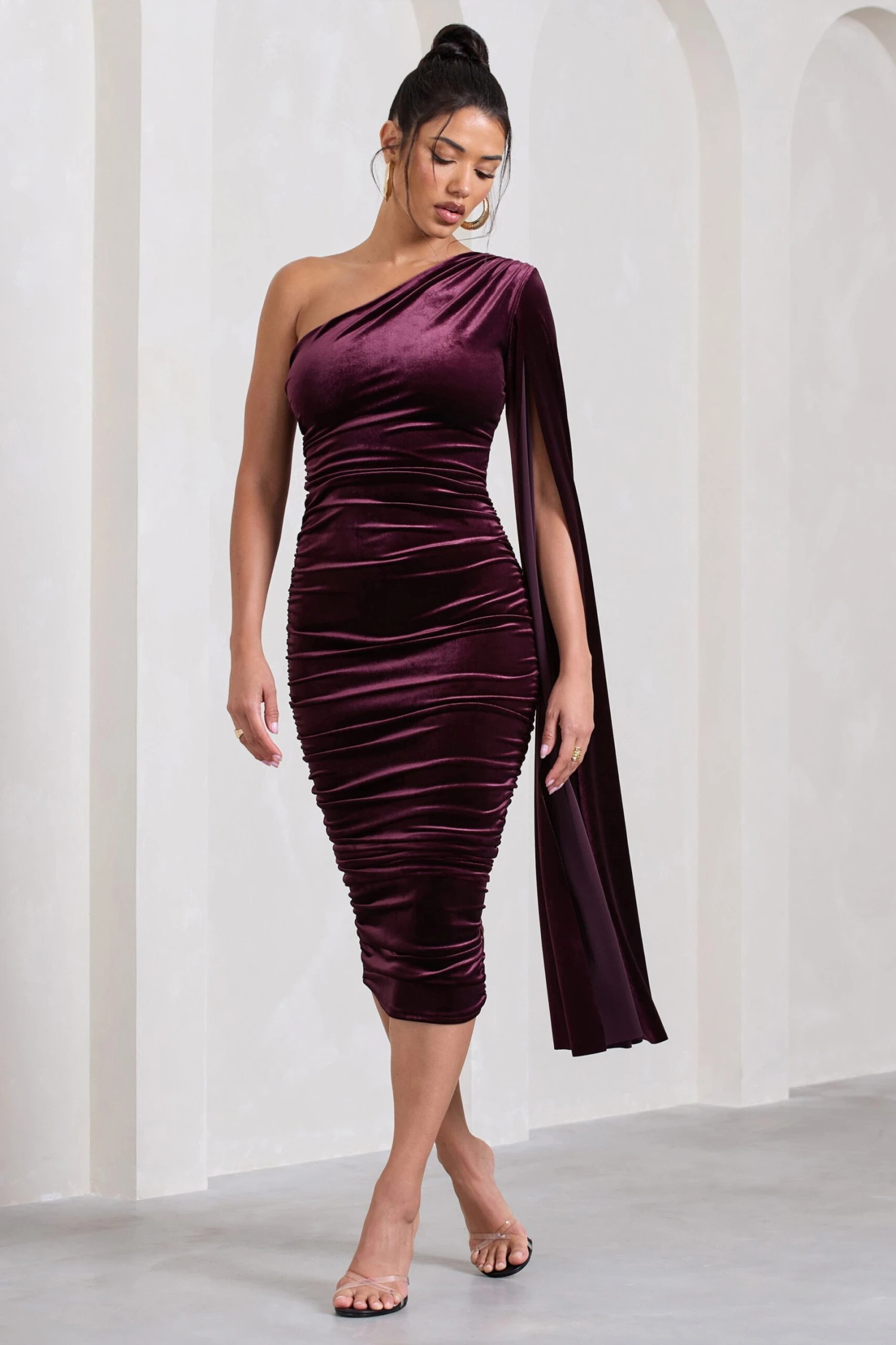 Gianna | Port Velvet One Shoulder Cape Bodycon Midi Dress 6 Gianna | Port Velvet One Shoulder Cape Bodycon Midi Dress - Image 4