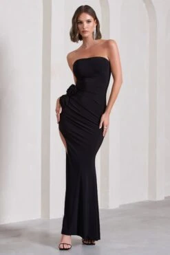 My Muse | Black Ruched Bandeau Split Maxi Dress With Flowers -Sangyong Store WB CL129767002 MyMuseBlackRuchedBandeauSplitMaxiDressWithFlowers2