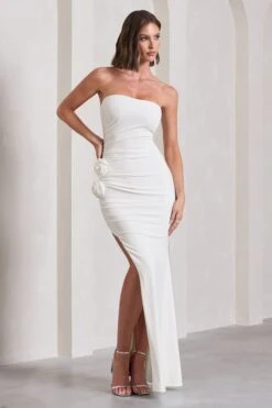 My Muse | White Ruched Bandeau Split Maxi Dress With Flowers -Sangyong Store WB CL129767005 MyMuseWhiteRuchedBandeauSplitMaxiDressWithFlowers4