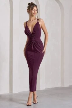 Yvette | Plum Plunge-Neck Twisted Maxi Dress With Cross-Back -Sangyong Store WB CL129768164 Yvette PlumPlunge NeckTwistedMaxiDressWithCross BackDARKCHERRY1