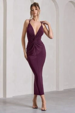 Yvette | Plum Plunge-Neck Twisted Maxi Dress With Cross-Back -Sangyong Store WB CL129768164 Yvette PlumPlunge NeckTwistedMaxiDressWithCross BackDARKCHERRY4
