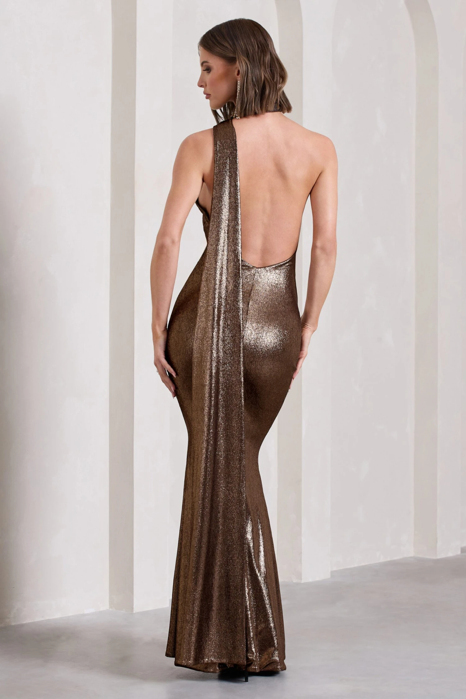 Strike Gold | Bronze Metallic Asymmetric Low-Back Maxi Dress With Scarf 4 Strike Gold | Bronze Metallic Asymmetric Low-Back Maxi Dress With Scarf - Image 2