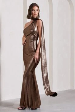 Strike Gold | Bronze Metallic Asymmetric Low-Back Maxi Dress With Scarf 11 Strike Gold | Bronze Metallic Asymmetric Low-Back Maxi Dress With Scarf -Sangyong Store WB CL129770021 StrikeGoldBronzeMetallicAsymmetricLow BackMaxiDressWithScarf9