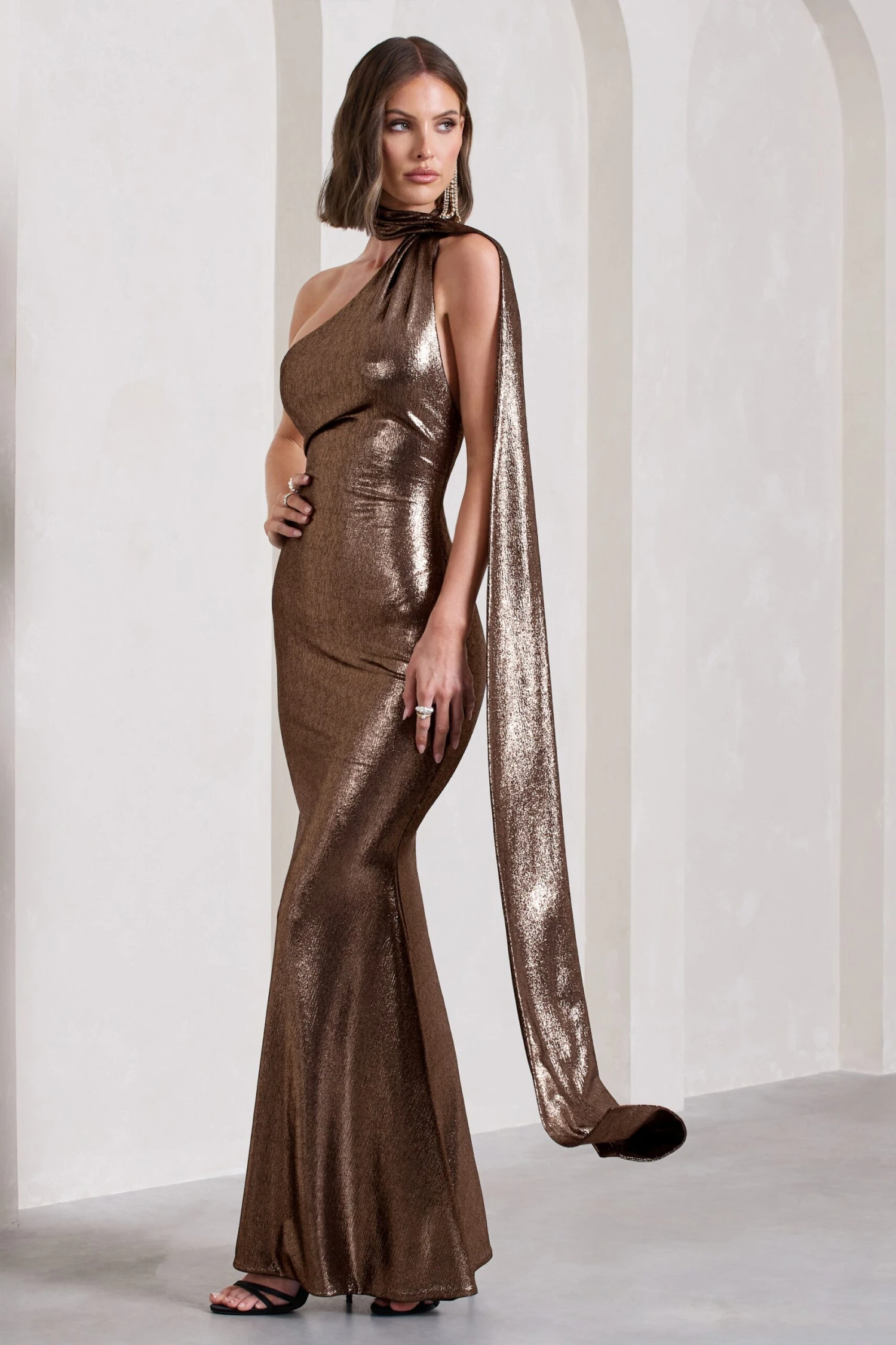 Strike Gold | Bronze Metallic Asymmetric Low-Back Maxi Dress With Scarf 7 Strike Gold | Bronze Metallic Asymmetric Low-Back Maxi Dress With Scarf - Image 5