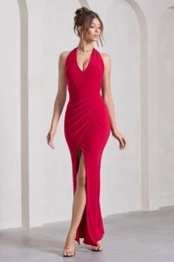 Leonie | Red Halter-Neck Split Maxi Dress With Wrap Detail -Sangyong Store WB CL129772004 LeonieRedHalter NeckSplitMaxiDressWithWrapDetail0