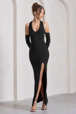 Solana | Black Halter-Neck Long-Sleeve Split Maxi Dress -Sangyong Store WB CL129774002 SolanaBlackHalter NeckLong SleeveSplitMaxiDress7