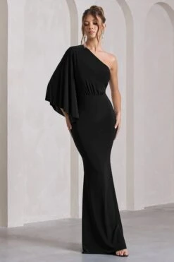 Luciana | Black Asymmetric Maxi Dress With Drape Sleeve -Sangyong Store WB CL129779047 LucianaBlackAsymmetricMaxiDressWithDrapeSleeve4