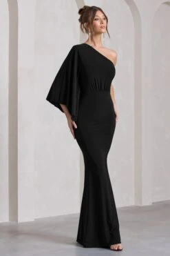 Luciana | Black Asymmetric Maxi Dress With Drape Sleeve -Sangyong Store WB CL129779047 LucianaBlackAsymmetricMaxiDressWithDrapeSleeve7
