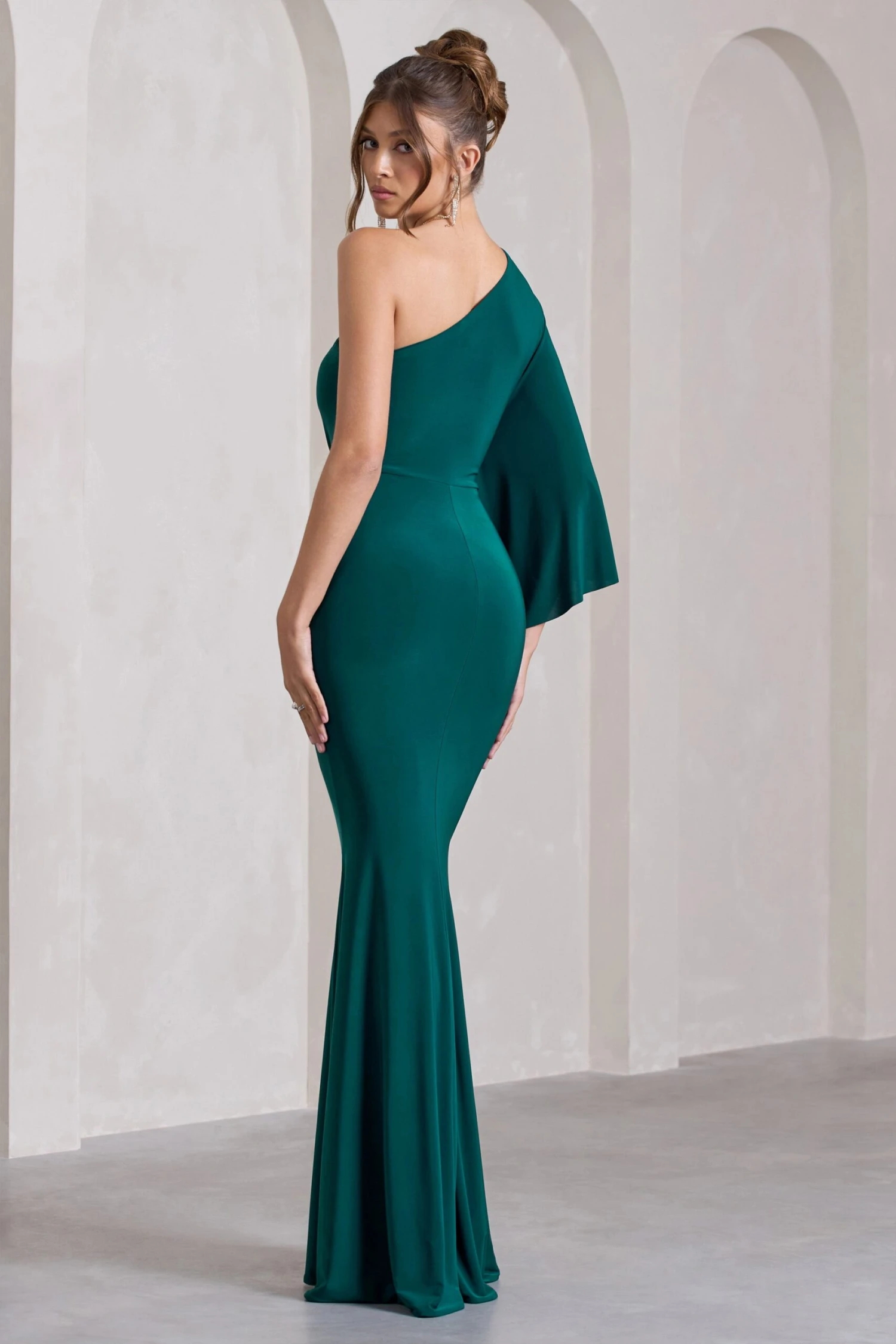 Luciana | Bottle Green Asymmetric Maxi Dress With Drape Sleeve 4 Luciana | Bottle Green Asymmetric Maxi Dress With Drape Sleeve - Image 2