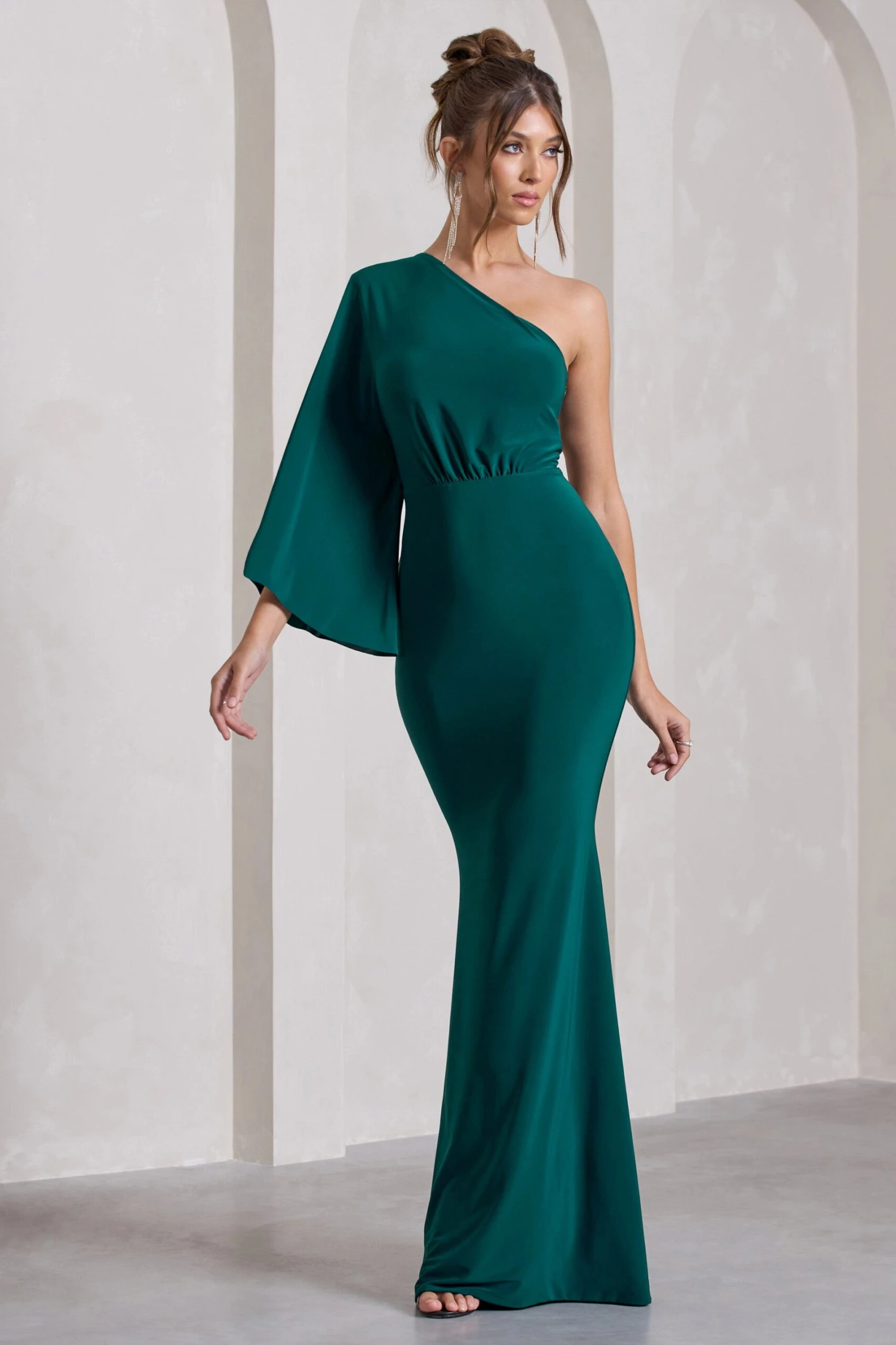 Luciana | Bottle Green Asymmetric Maxi Dress With Drape Sleeve 3 Luciana | Bottle Green Asymmetric Maxi Dress With Drape Sleeve