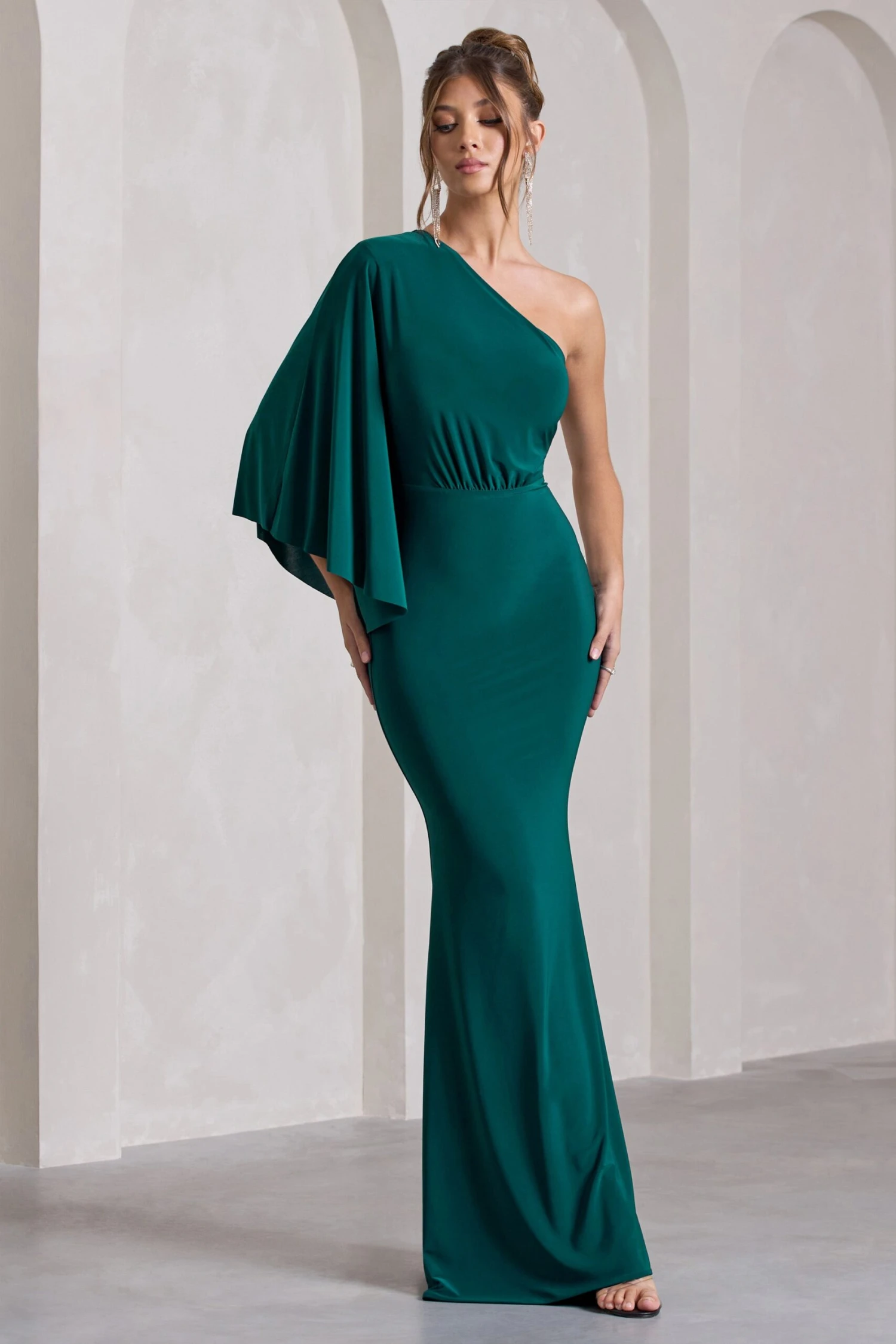 Luciana | Bottle Green Asymmetric Maxi Dress With Drape Sleeve 6 Luciana | Bottle Green Asymmetric Maxi Dress With Drape Sleeve - Image 4