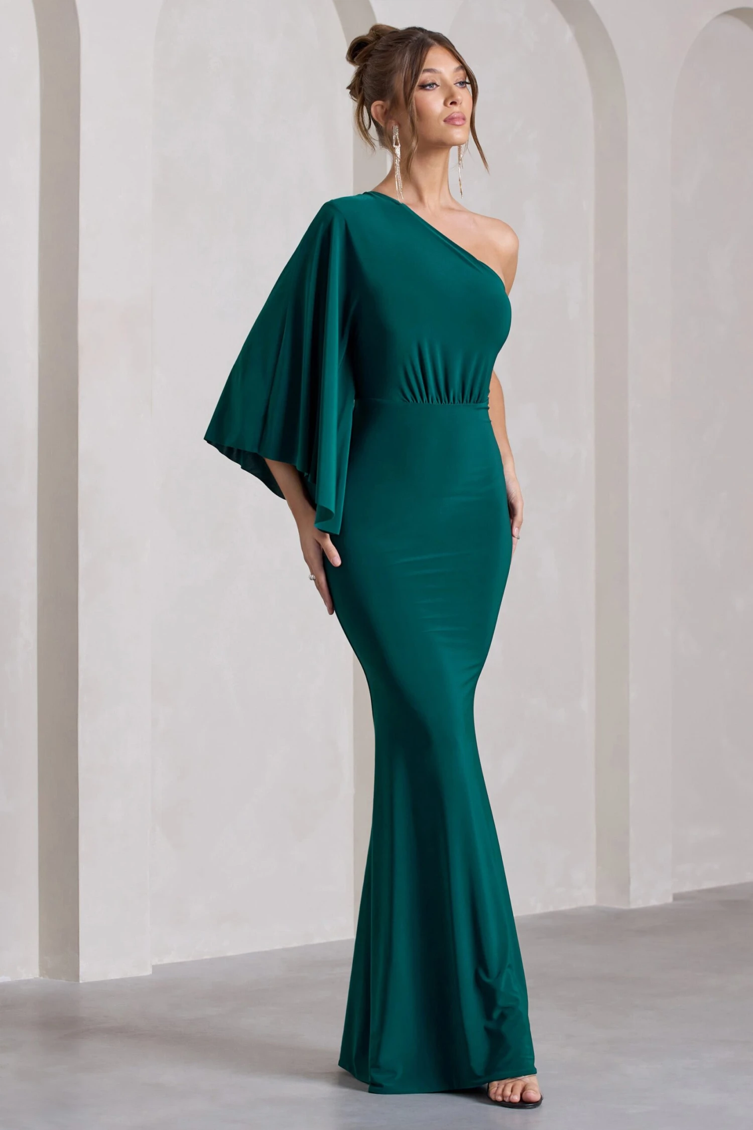 Luciana | Bottle Green Asymmetric Maxi Dress With Drape Sleeve 7 Luciana | Bottle Green Asymmetric Maxi Dress With Drape Sleeve - Image 5