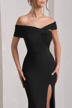 Kara | Black Asymmetric Twisted Bardot Split Maxi Dress -Sangyong Store WB CL129784002 KaraBlackAsymmetricTwistedBardotSplitMaxiDress6