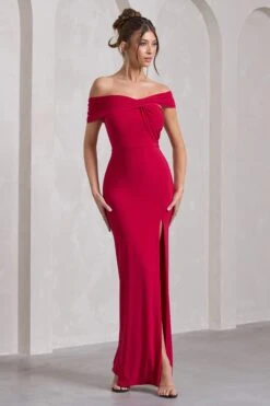 Kara | Red Asymmetric Twisted Bardot Split Maxi Dress -Sangyong Store WB CL129784004 KaraRedAsymmetricTwistedBardotSplitMaxiDress1