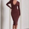 Marcia | Chocolate Brown Bodycon Plunge-Neck Midi Dress