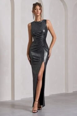 Night To Remember | Silver Metallic Open-Back Split Maxi Dress -Sangyong Store WB CL129787013 NightToRememberSilverMetallicOpen BackSplitMaxiDress1 b7a43179 364d 4663 a5c4 bd331e888091