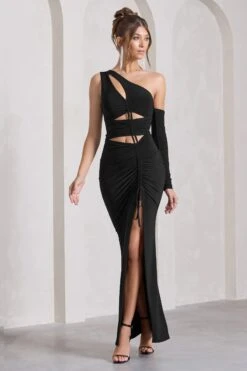 Carlina | Black Ruched Asymmetric Cut-Out Split Maxi Dress -Sangyong Store WB CL129789002 CarlinaBlackRuchedAsymmetricCut OutSplitMaxiDress2