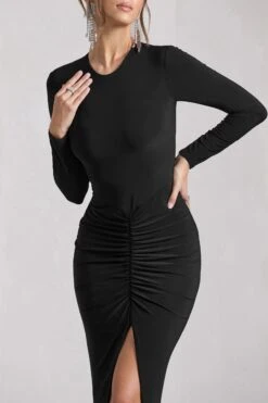 Katy | Black Ruched Long-Sleeve Split Maxi Dress 9 Katy | Black Ruched Long-Sleeve Split Maxi Dress -Sangyong Store WB CL129795002 KatyBlackRuchedLong SleeveSplitMaxiDress7