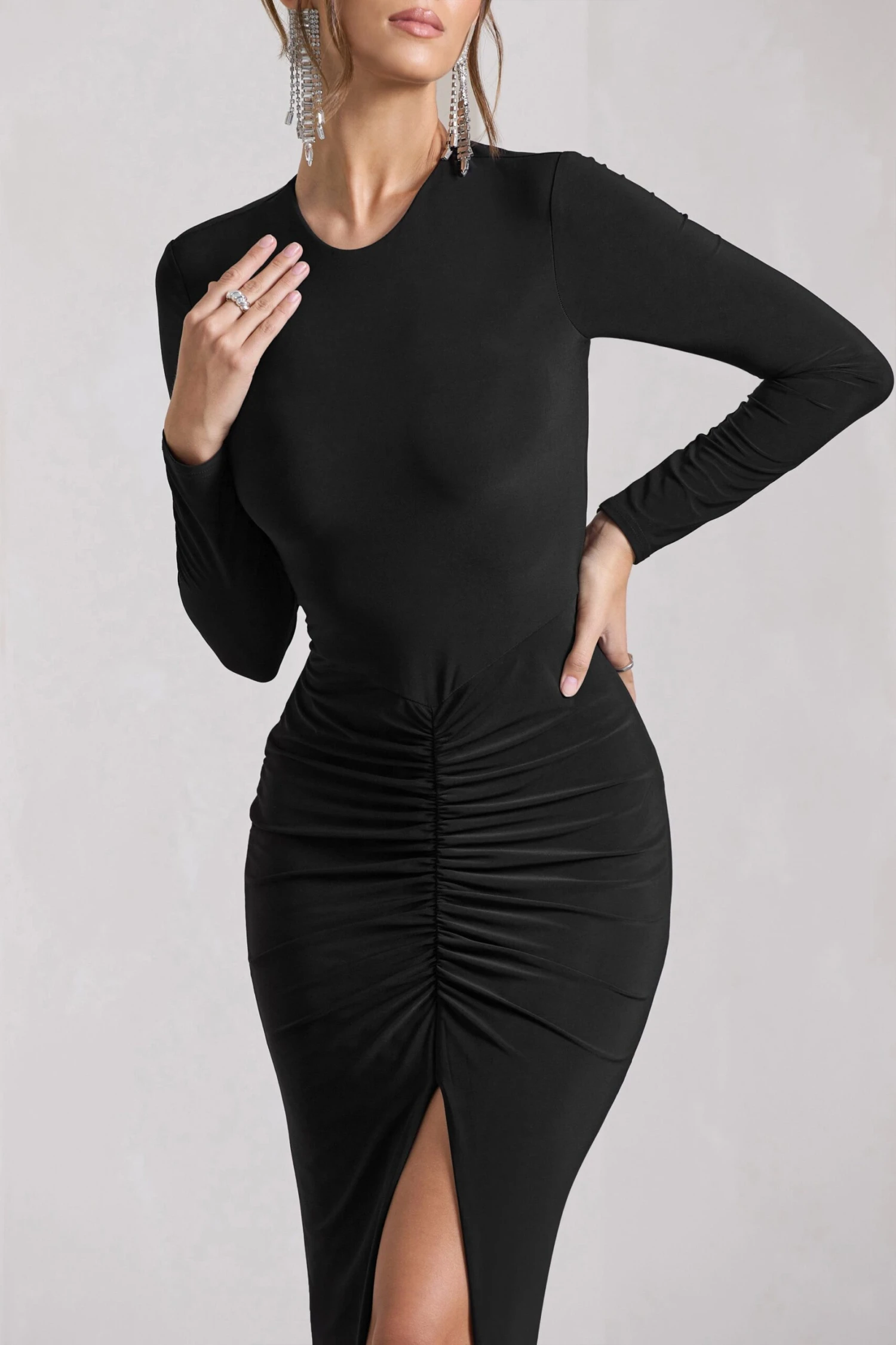 Katy | Black Ruched Long-Sleeve Split Maxi Dress 5 Katy | Black Ruched Long-Sleeve Split Maxi Dress - Image 3