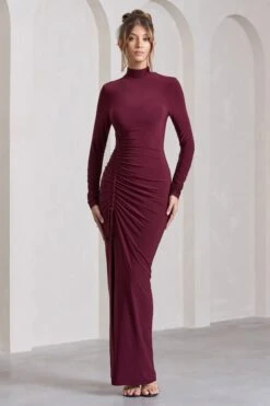 Lynn | Burgundy Ruched High-Neck Split Maxi Dress -Sangyong Store WB CL129797069 LynnBurgundyRuchedHigh NeckSplitMaxiDress2