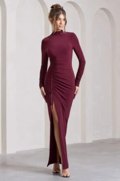 Lynn | Burgundy Ruched High-Neck Split Maxi Dress -Sangyong Store WB CL129797069 LynnBurgundyRuchedHigh NeckSplitMaxiDress4