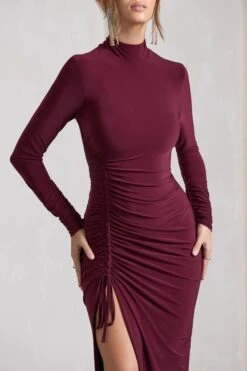 Lynn | Burgundy Ruched High-Neck Split Maxi Dress -Sangyong Store WB CL129797069 LynnBurgundyRuchedHigh NeckSplitMaxiDress5