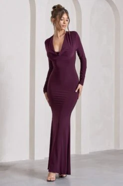 My Attention | Plum Plunge Cowl-Neck Long-Sleeve Maxi Dress -Sangyong Store WB CL129799069 MyAttention PlumPlungeCowl NeckLong SleeveMaxiDressPLUM3