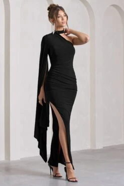 Dare To Drape | Black Asymmetric Draped-Sleeve Split Maxi Dress -Sangyong Store WB CL129802002 DareToDrapeBlackAsymmetricDraped SleeveSplitMaxiDress2