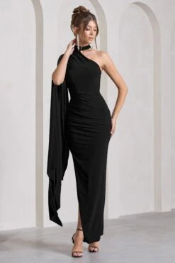 Dare To Drape | Black Asymmetric Draped-Sleeve Split Maxi Dress -Sangyong Store WB CL129802002 DareToDrapeBlackAsymmetricDraped SleeveSplitMaxiDress5