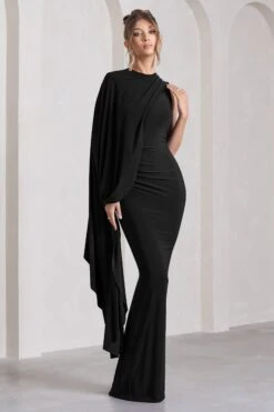 Unveil | Black One-Sleeve Cape Maxi Dress -Sangyong Store WB CL129803002 UnveilBlackOne SleeveCapeMaxiDress1