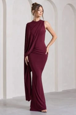 Unveil | Burgundy One-Sleeve Cape Maxi Dress -Sangyong Store WB CL129803069 UnveilBurgundyOne SleeveCapeMaxiDress5