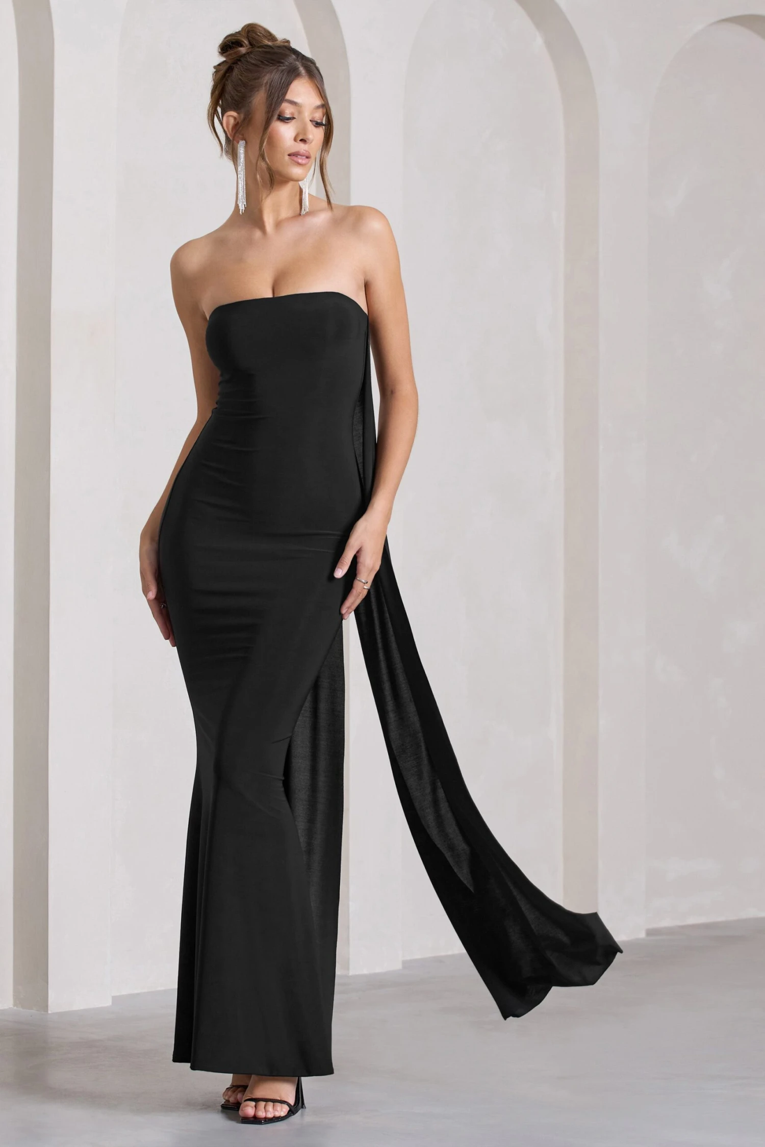 Christina | Black Bandeau Sleeveless Maxi Dress With Cape 2 Christina | Black Bandeau Sleeveless Maxi Dress With Cape