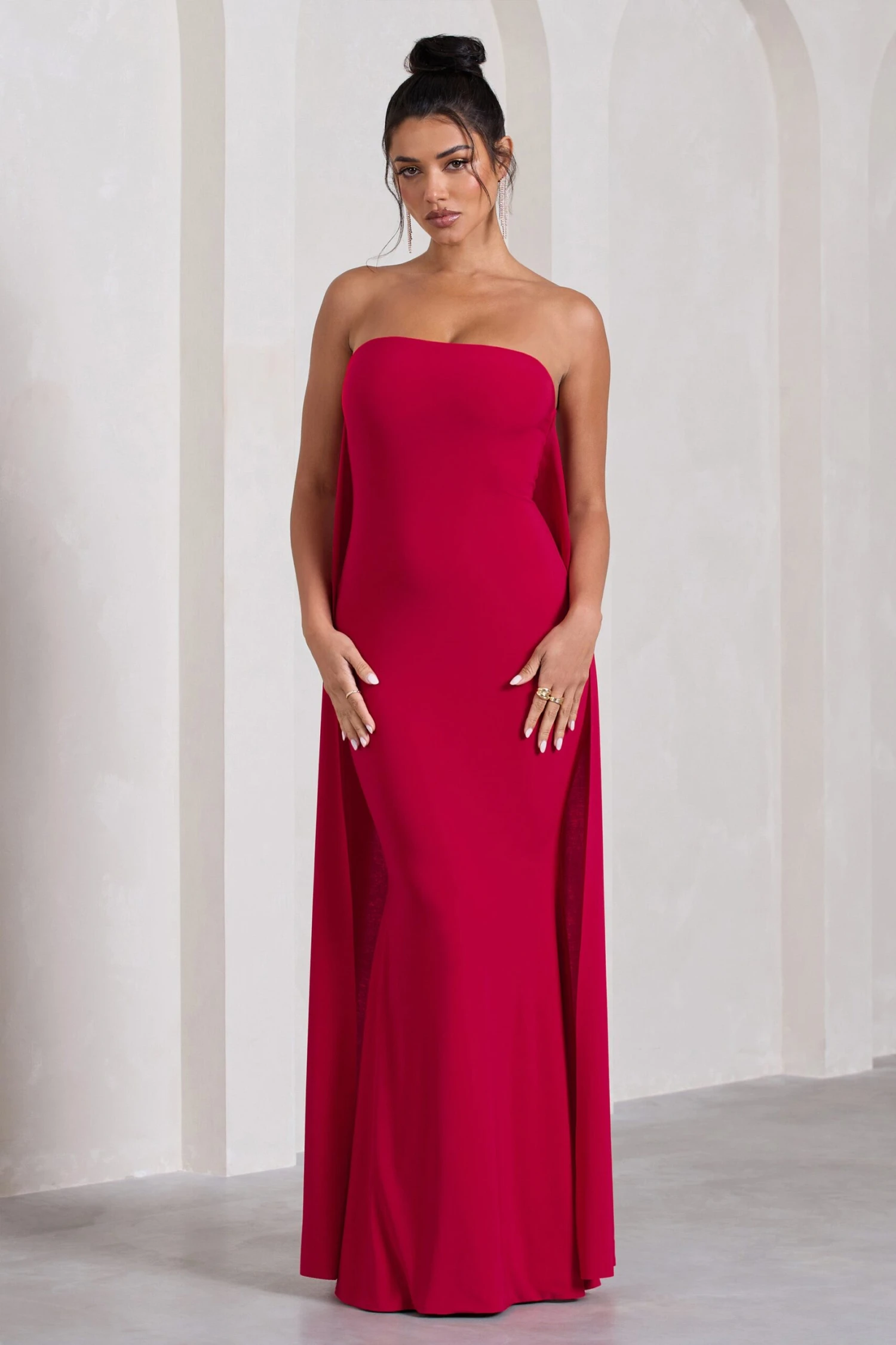Christina | Red Bandeau Sleeveless Maxi Dress With Cape 3 Christina | Red Bandeau Sleeveless Maxi Dress With Cape