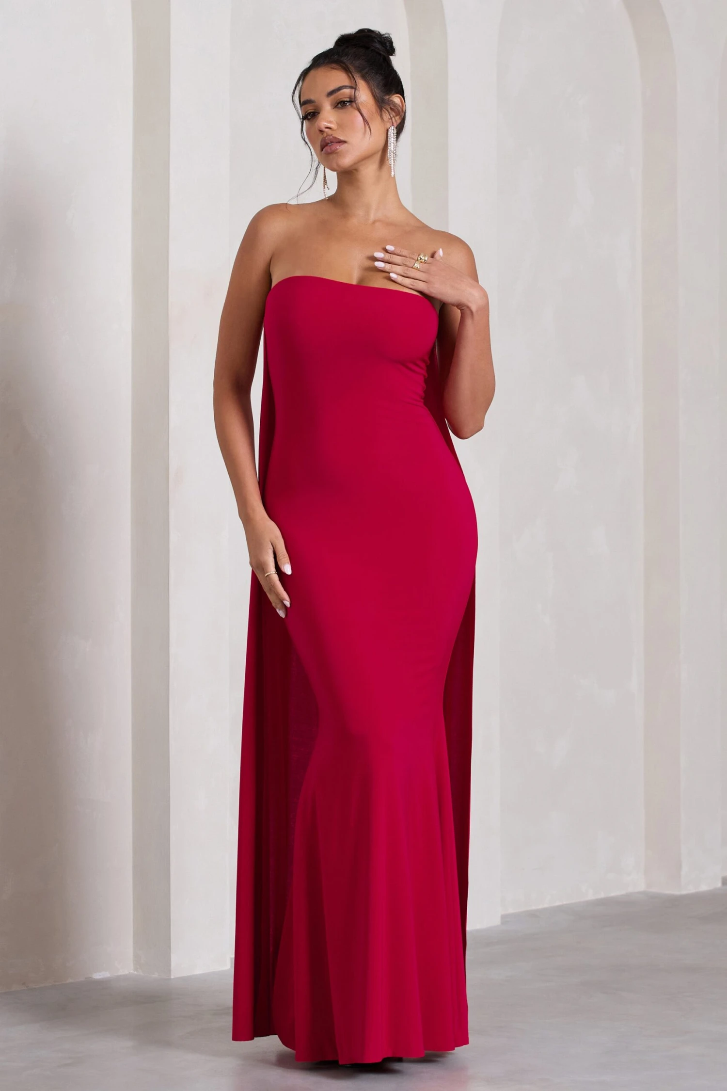 Christina | Red Bandeau Sleeveless Maxi Dress With Cape 6 Christina | Red Bandeau Sleeveless Maxi Dress With Cape - Image 4