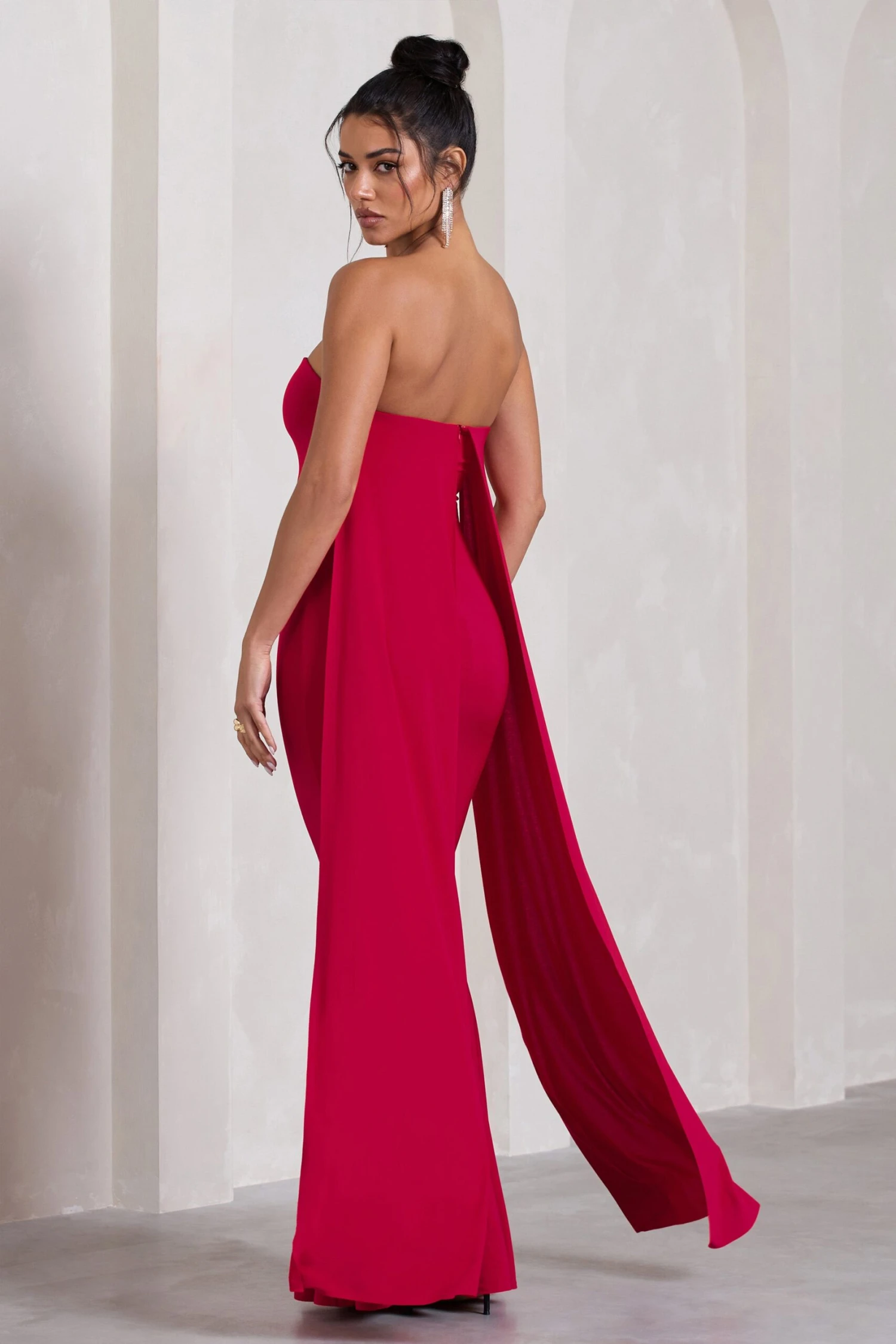 Christina | Red Bandeau Sleeveless Maxi Dress With Cape 4 Christina | Red Bandeau Sleeveless Maxi Dress With Cape - Image 2