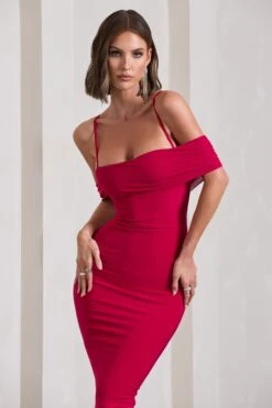 Bethan | Red Bodycon Strappy Mesh Bardot Midi Dress -Sangyong Store WB CL129807004 BethanRedBodyconStrappyMeshBardotMidiDress12 7a31454c 1cb6 4be4 a550 a9d8aa9a4f01