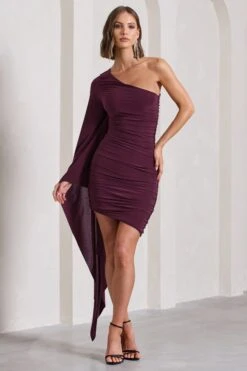 Palmer | Burgundy Ruched One-Shoulder Asymmetric Mini Dress With Cape Sleeve -Sangyong Store WB CL129882069 PalmerBurgundyRuchedOne ShoulderAsymmetricMiniDressWithCapeSleeve1