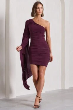 Palmer | Burgundy Ruched One-Shoulder Asymmetric Mini Dress With Cape Sleeve -Sangyong Store WB CL129882069 PalmerBurgundyRuchedOne ShoulderAsymmetricMiniDressWithCapeSleeve12