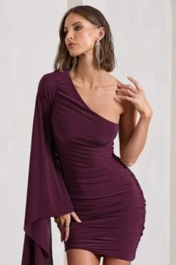 Palmer | Burgundy Ruched One-Shoulder Asymmetric Mini Dress With Cape Sleeve -Sangyong Store WB CL129882069 PalmerBurgundyRuchedOne ShoulderAsymmetricMiniDressWithCapeSleeve13