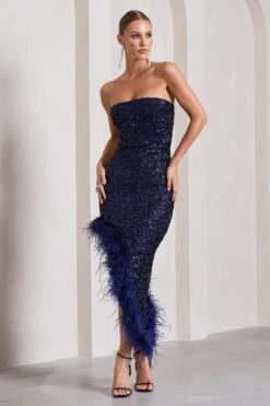 Emulate | Navy Sequin Asymmetric Bandeau Maxi Dress With Feathers -Sangyong Store WB CL129900015 EmulateNavySequinAsymmetricBandeauMaxiDressWithFeathers1