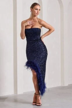 Emulate | Navy Sequin Asymmetric Bandeau Maxi Dress With Feathers -Sangyong Store WB CL129900015 EmulateNavySequinAsymmetricBandeauMaxiDressWithFeathers3