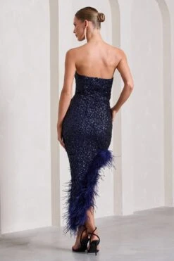 Emulate | Navy Sequin Asymmetric Bandeau Maxi Dress With Feathers -Sangyong Store WB CL129900015 EmulateNavySequinAsymmetricBandeauMaxiDressWithFeathers6