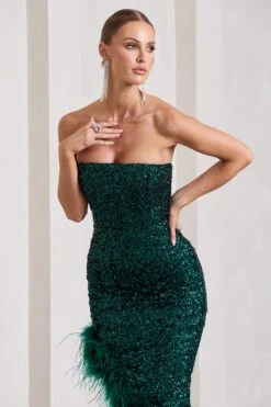 Emulate | Bottle Green Sequin Asymmetric Bandeau Maxi Dress With Feathers -Sangyong Store WB CL129900047 EmulateBottleGreenSequinAsymmetricBandeauMaxiDressWithFeathers5