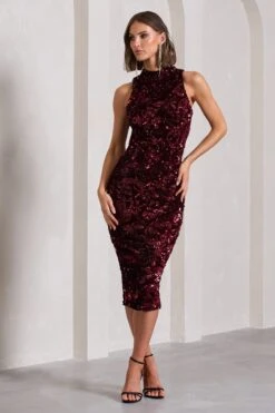 Hypnosis | Berry Sequin Sleeveless High-Neck Midi Dress -Sangyong Store WB CL129903037 HypnosisBerrySequinSleevelessHigh NeckMidiDress1