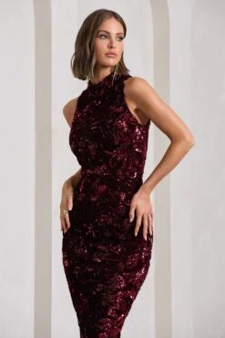 Hypnosis | Berry Sequin Sleeveless High-Neck Midi Dress -Sangyong Store WB CL129903037 HypnosisBerrySequinSleevelessHigh NeckMidiDress7