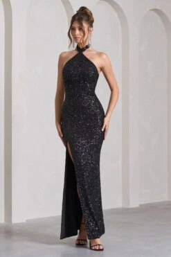 On The Rise | Black Sequin High-Neck Strappy-Back Split Maxi Dress -Sangyong Store WB CL129905002 OnTheRiseBlackSequinHigh NeckStrappy BackSplitMaxiDress1