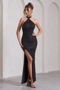 On The Rise | Black Sequin High-Neck Strappy-Back Split Maxi Dress -Sangyong Store WB CL129905002 OnTheRiseBlackSequinHigh NeckStrappy BackSplitMaxiDress9