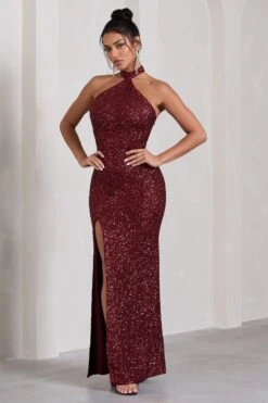 On The Rise | Berry Sequin High-Neck Strappy-Back Split Maxi Dress