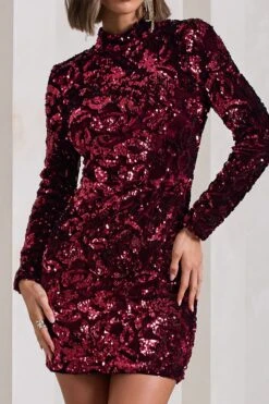 My Light | Berry Sequin High-Neck Long-Sleeve Bodycon Mini Dress -Sangyong Store WB CL129910037 MyLightBerrySequinHigh NeckLong SleeveBodyconMiniDress0copy